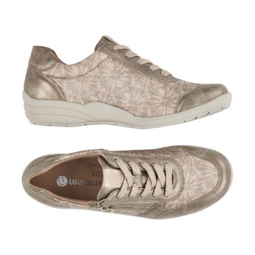 Top and side views of beige floral Remonte R7637 Lace-Up Sneaker for women, designed with comfort stretch and durable sole.
