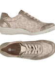 Top and side views of beige floral Remonte R7637 Lace-Up Sneaker for women, designed with comfort stretch and durable sole.
