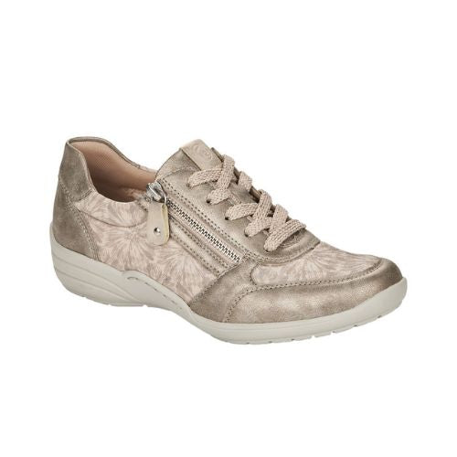 Women's Remonte R7637 Lace-Up Sneaker in beige with subtle floral pattern, stretch upper and side zipper for easy wear.