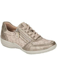 Women's Remonte R7637 Lace-Up Sneaker in beige with subtle floral pattern, stretch upper and side zipper for easy wear.