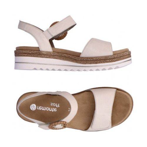 Top and side views of the Women's Remonte D0Q52 Backstrap Sandal showing its flat sole, removable footbed, and stylish ankle strap.