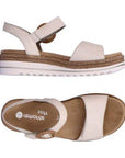 Top and side views of the Women's Remonte D0Q52 Backstrap Sandal showing its flat sole, removable footbed, and stylish ankle strap.