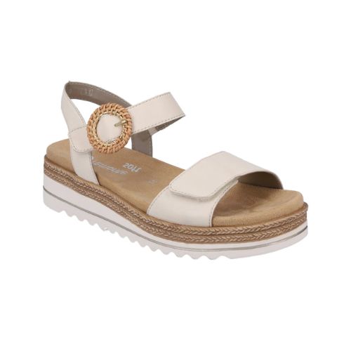 Women's Remonte D0Q52 Backstrap Sandal in beige with Velcro straps and cushioned footbed for all-day comfort and durability.