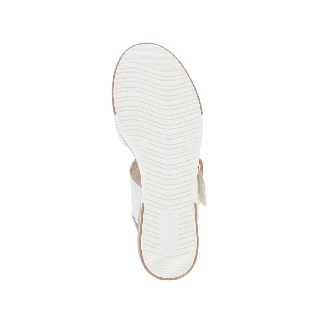 Bottom sole view of the Remonte D1P50 Platform Wedge sandal highlighting its non-slip rubber outsole for reliable traction.