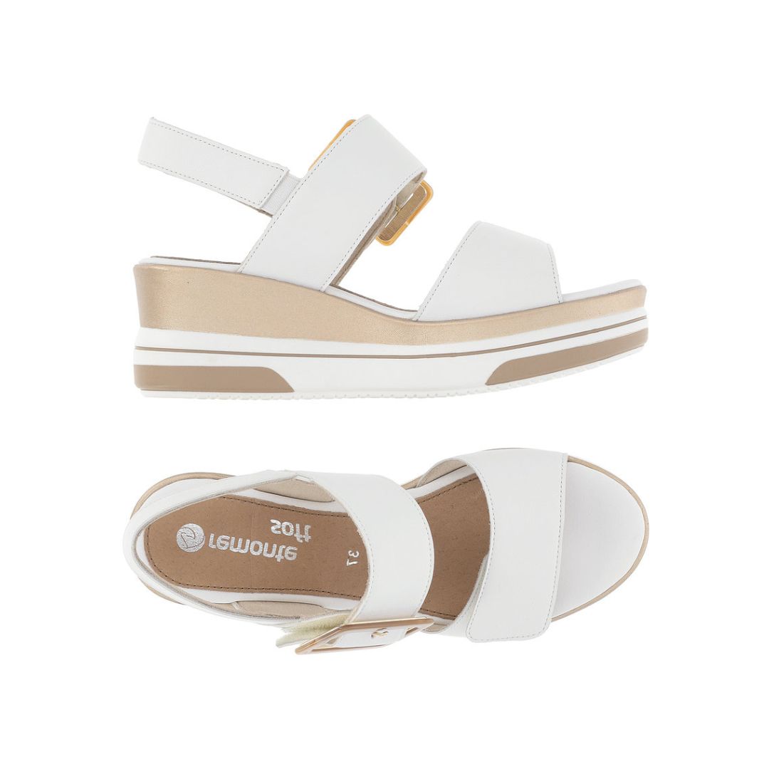 Side and top views of white Remonte D1P50 Platform Wedge sandals showcasing adjustable straps and supportive wedge heel.