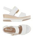 Side and top views of white Remonte D1P50 Platform Wedge sandals showcasing adjustable straps and supportive wedge heel.