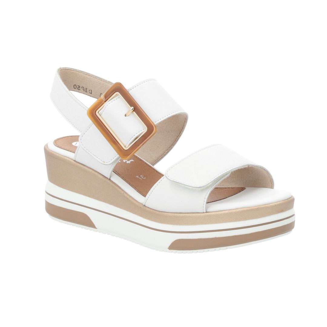 Women's Remonte D1P50 Platform Wedge in white with wide straps, large buckle, and cushioned sole for summer comfort and style.