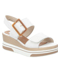Women's Remonte D1P50 Platform Wedge in white with wide straps, large buckle, and cushioned sole for summer comfort and style.