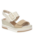 Women's Remonte D1P50 Platform Wedge in metallic gold finish featuring a wide buckle and layered wedge sole for summer wear.