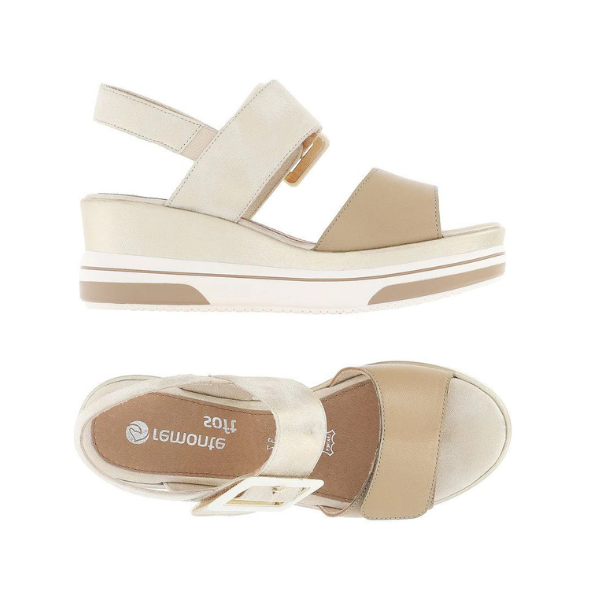 Side and top views of gold Remonte D1P50 Platform Wedge sandals with cushioned footbed and adjustable straps for all-day comfort.