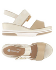Side and top views of gold Remonte D1P50 Platform Wedge sandals with cushioned footbed and adjustable straps for all-day comfort.