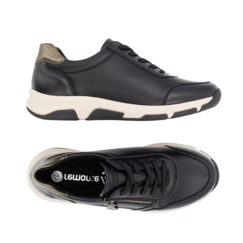 Top and side views of the Women's Remonte D1S01 lace-up sneaker showcasing sleek black design, lace closure, and supportive sole.