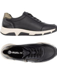 Top and side views of the Women's Remonte D1S01 lace-up sneaker showcasing sleek black design, lace closure, and supportive sole.