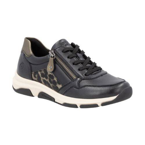 Women's Remonte D1S01 lace-up sneaker in black with leopard print side panel, side zipper, and cushioned sole for comfort and style.
