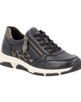 Women's Remonte D1S01 lace-up sneaker in black with leopard print side panel, side zipper, and cushioned sole for comfort and style.