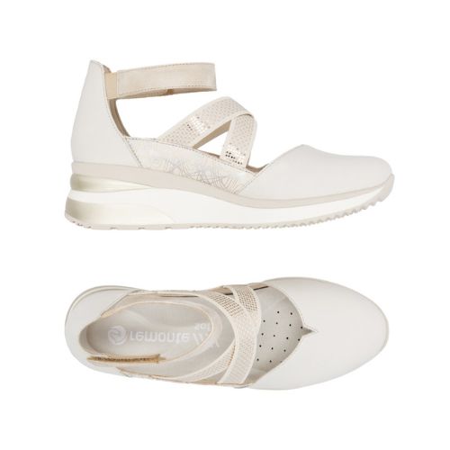 Top and side views of the off-white Remonte D2411 women's sneaker, highlighting cushioned insole and stylish wedge heel design.