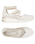 Top and side views of the off-white Remonte D2411 women's sneaker, highlighting cushioned insole and stylish wedge heel design.