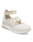 Women's Remonte D2411 sneaker shoe in off-white with crisscross elastic straps and Velcro ankle strap, designed for lightweight wear and stability.