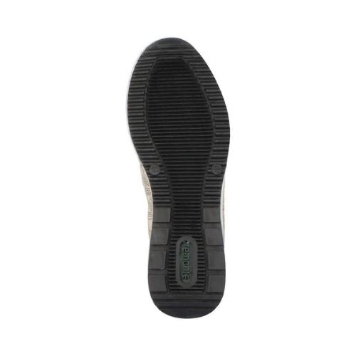 Outsole view of the Remonte D2411 women's sneaker shoe in taupe, featuring a textured rubber sole for enhanced grip and durability.