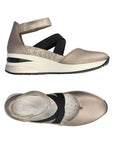 Side and top views of the Remonte D2411 women's sneaker in taupe, showing shock-absorbing sole and breathable micro velour lining.