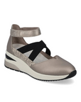 Women's Remonte D2411 sneaker shoe in metallic taupe with black elastic straps and Velcro ankle closure, ideal for lightweight comfort and support.