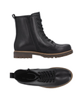 Pair of Black leather combat boots with 8 black laced eyelets, inside zipper, light brown midsole and dark brown rubber lugged outsole.