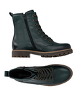 Pair of Green leather combat boots with 8 dark green laced eyelets, inside zipper, light brown midsole and dark brown rubber lugged outsole.