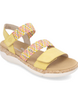 Women's Remonte R6861 Backstrap Sandal in yellow with multicolor straps, featuring shock-absorbing sole and adjustable fit for warm-weather wear.
