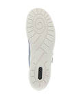 Bottom view of blue Women's Remonte R7600 Velcro Shoe featuring spiral-patterned sole for traction and flexibility.