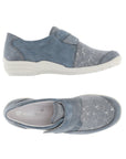 Side and top view of blue Women's Remonte R7600 Velcro Shoe with floral stretch fabric and supportive slip-on design.