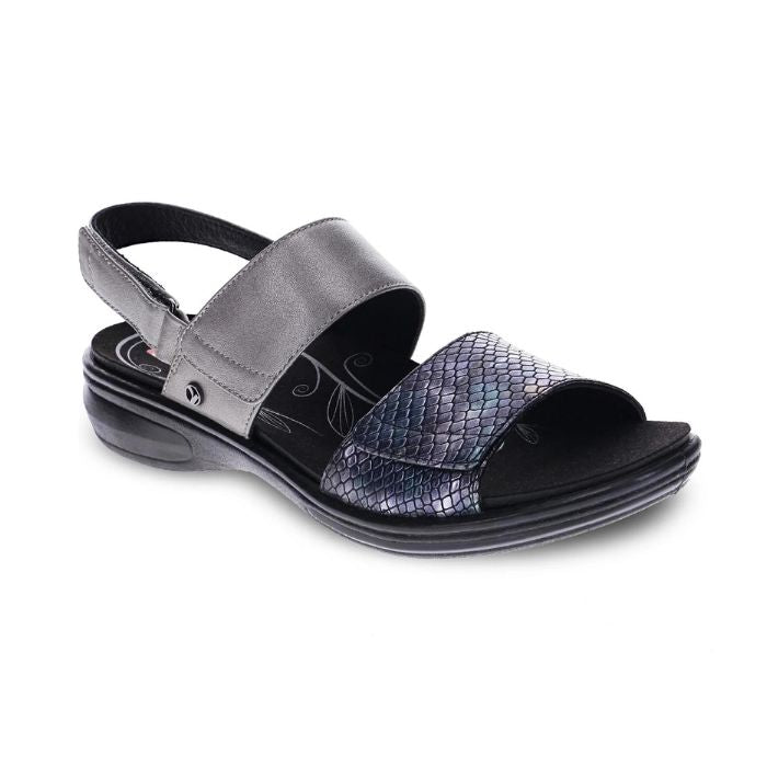 Pewter and snake print backstrap sandal with black outsole. Small Revere logo emblem on outside strap.