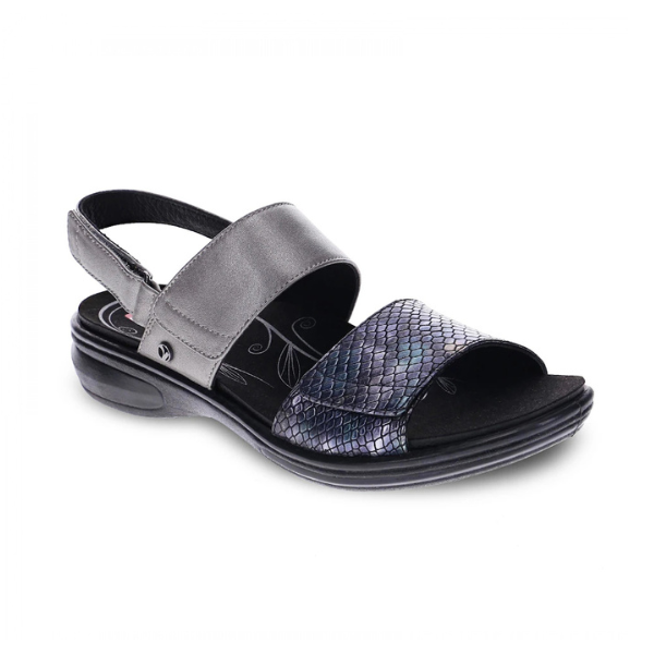 Pewter and snake print backstrap sandal with black outsole. Small Revere logo emblem on outside strap.