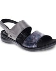 Pewter and snake print backstrap sandal with black outsole. Small Revere logo emblem on outside strap.
