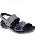 Pewter and snake print backstrap sandal with black outsole. Small Revere logo emblem on outside strap.
