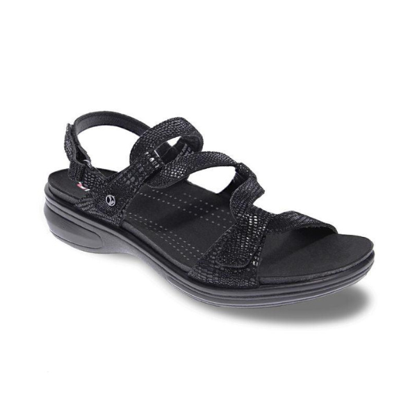 Women's Revere Emerald Leather Sandal in black with orthotic support and adjustable backstrap, ideal for stylish all-day comfort.