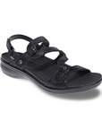 Women's Revere Emerald Leather Sandal in black with orthotic support and adjustable backstrap, ideal for stylish all-day comfort.