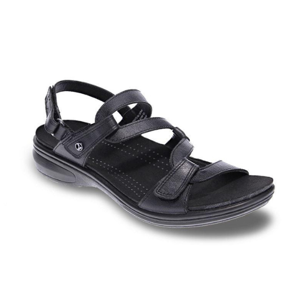 Women's Revere Emerald Leather Sandal in black with orthotic support and adjustable backstrap, ideal for stylish all-day comfort.