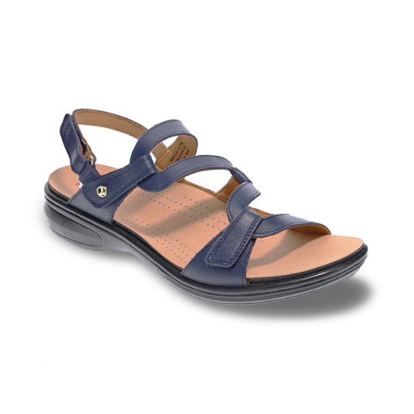 Women's Revere Emerald Leather Sandal in navy blue featuring adjustable straps and cushioned orthotic support for walking comfort.