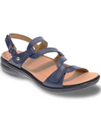 Women's Revere Emerald Leather Sandal in navy blue featuring adjustable straps and cushioned orthotic support for walking comfort.