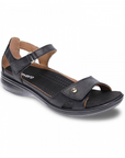 Women's Revere Portofino Sandals in black leather with adjustable straps, cushioned removable insole, and slip-resistant outsole for comfort.