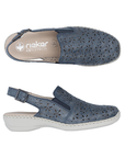 Pair of Blue slingback sandals with perforated design, buckle backstrap, tan Rieker logo'd footbed and white outsole.