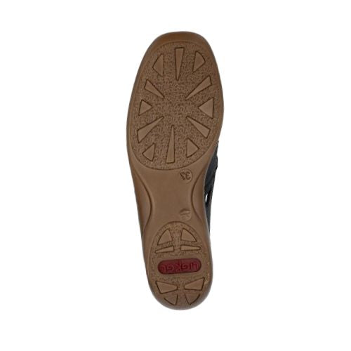 Brown textured outsole of loafer with red Rieker logo on heel.
