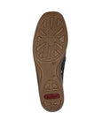 Brown textured outsole of loafer with red Rieker logo on heel.