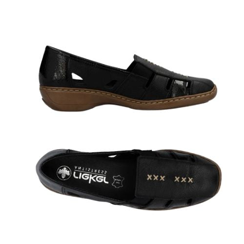 Pair of Black leather loafers with cutout design and patent black accents, accent stitching, black footbed with silver Rieker logo and a brown outsole.