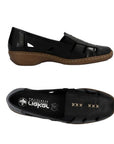 Pair of Black leather loafers with cutout design and patent black accents, accent stitching, black footbed with silver Rieker logo and a brown outsole.