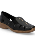 Women's Rieker 41385 leather loafer in black with beige stitching and cutout details, perfect for flexible casual wear.