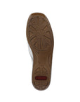 Outsole of loafer with textured grip and red Rieker logo on heel.