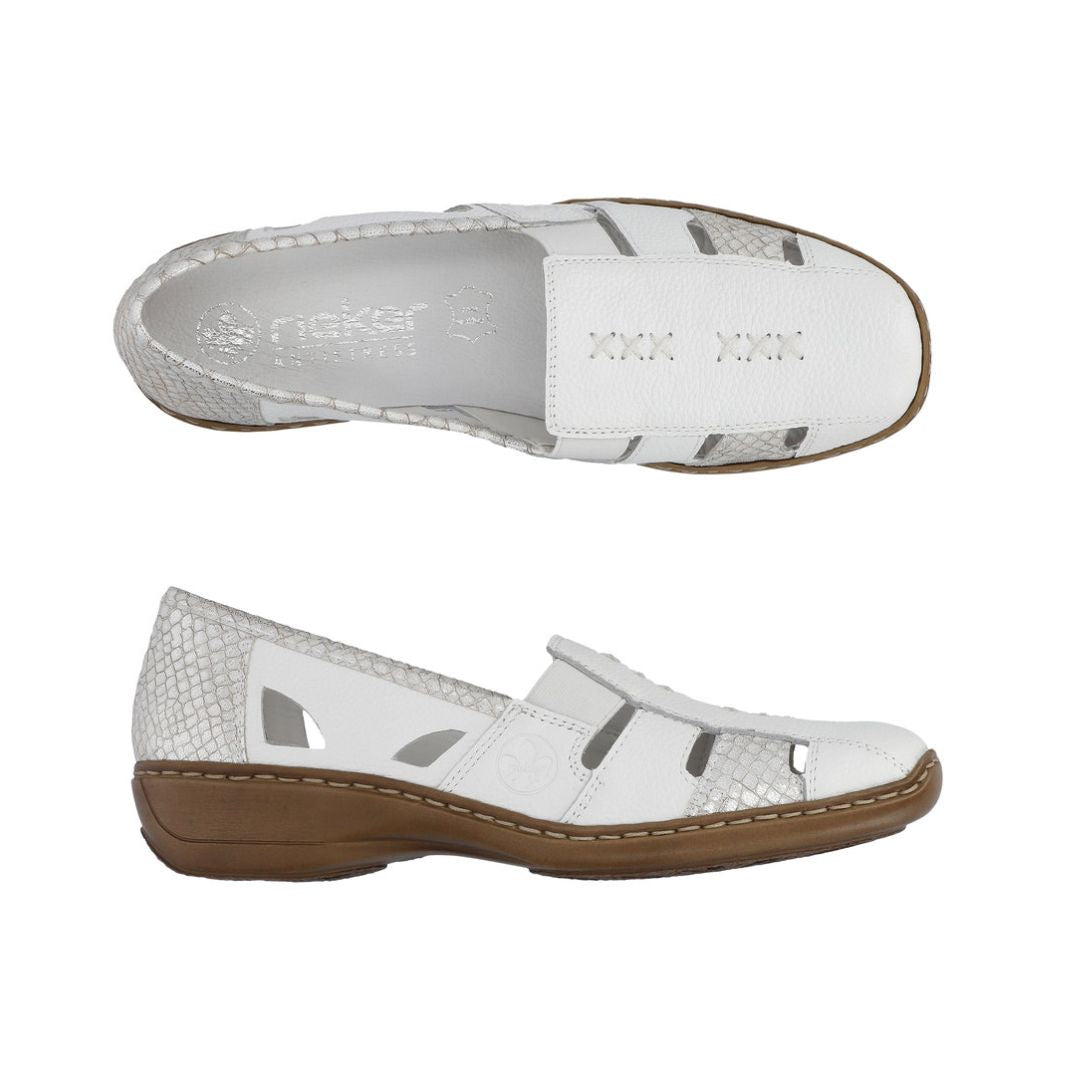 Pair of White leather loafers with cutout design and snake-textured silver accents, white Rieker logo'd footbed, accent stitching and a brown outsole.
