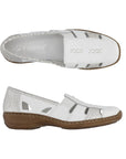 Pair of White leather loafers with cutout design and snake-textured silver accents, white Rieker logo'd footbed, accent stitching and a brown outsole.