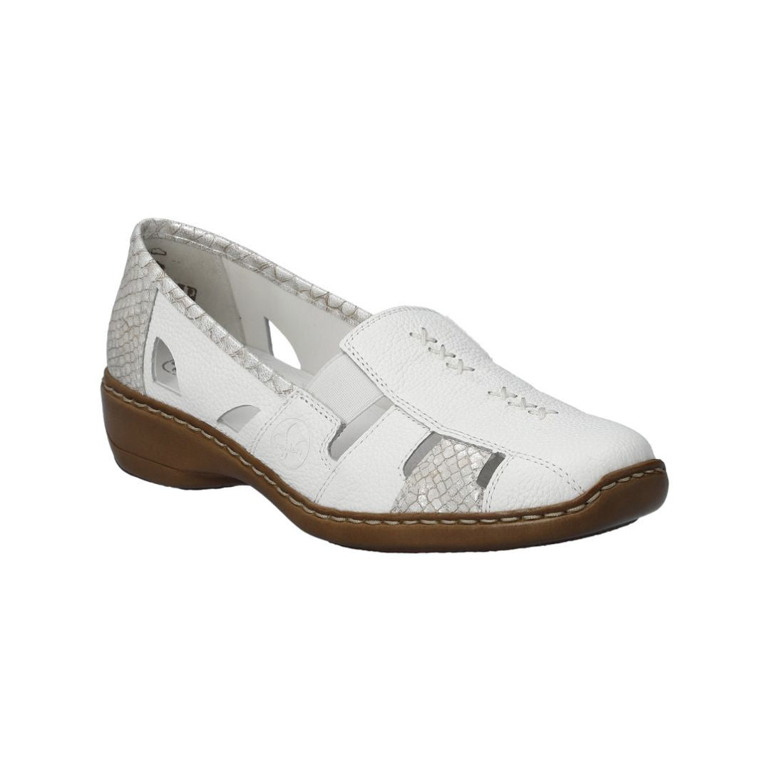 White leather loafer with cutout design and snake-textured silver accents, accent stitching and a brown outsole.
